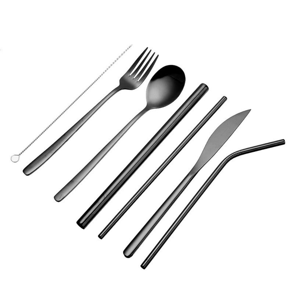 Premium 9PC Stainless Steel Travel Cutlery Set Knife Fork Spoon Straws Black