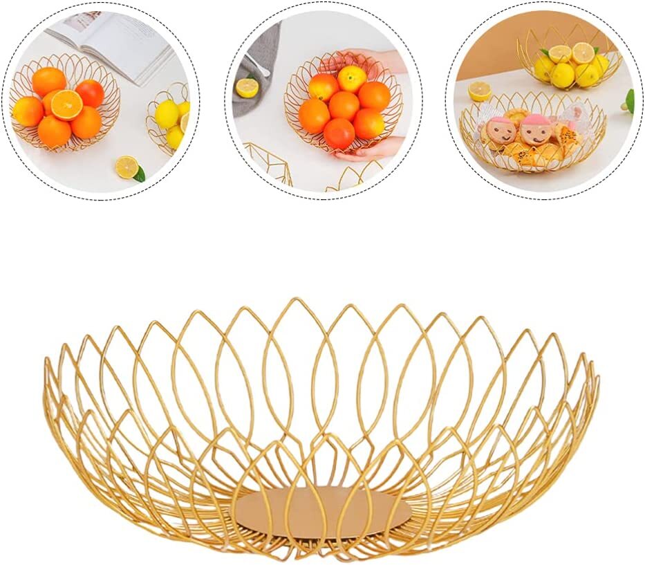 Large Gold Metal Fruit Bowl Decorative Kitchen Counter Food Tray