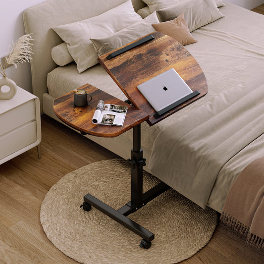 Adjustable Portable Sofa Bed Side Table Laptop Desk with Wheels Rustic Wood