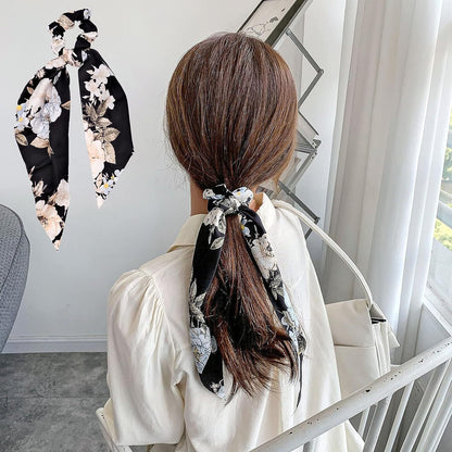 Silky Satin Floral Hair Scarf Scrunchies Ponytail Bow Hairband Headwear