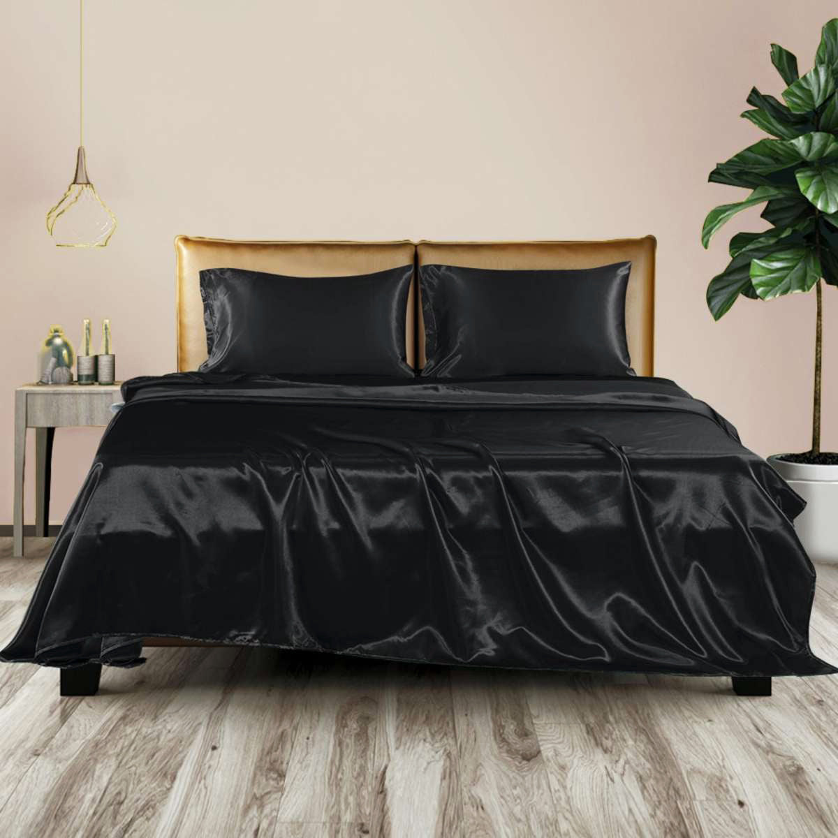 King Size Silky Satin Bed Sheet Set Luxurious Soft Bedding Black