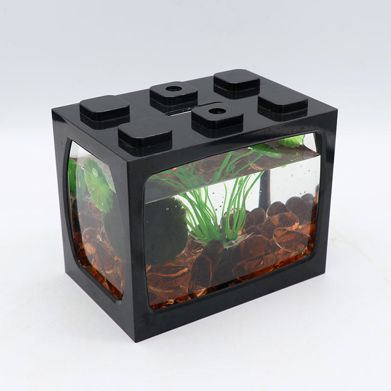 Mini Fish Tank LED Desktop Building Block Aquarium Black