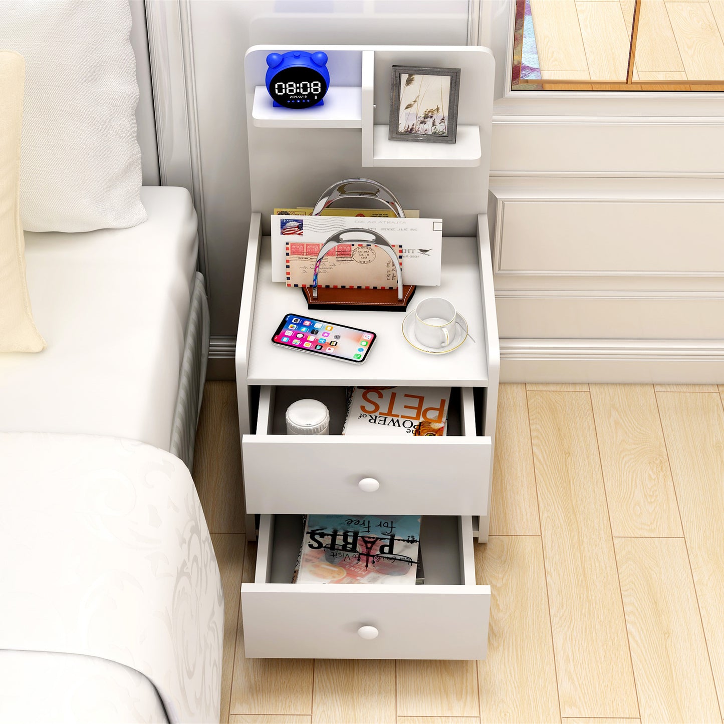 Tall Bedside Table with Chest of Drawers and Shelf White