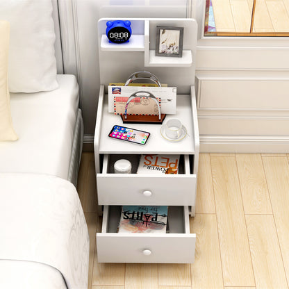 Tall Bedside Table with Chest of Drawers and Shelf White