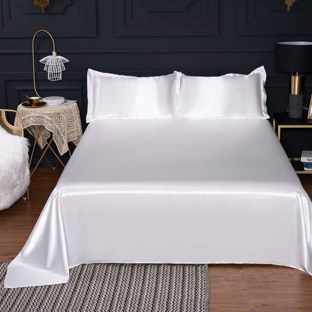 Queen Silky Satin Bed Sheet Set Soft and Smooth White