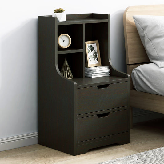 Elegant Tall 2-Drawer Bedside Table with Drawers and Shelves Black