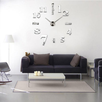 Large 3D Luxe DIY Wall Clock Modern Home Decoration Silver