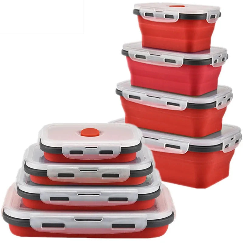 Pack of 4 Collapsible Silicone Food Storage Containers with Airtight Lid Red