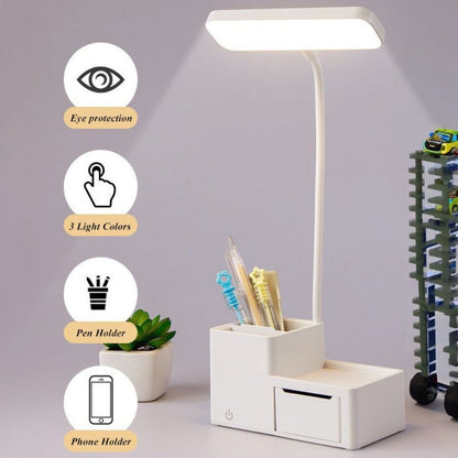 Eye-Protecting LED Night Light Desk Lamp with Pen Holder and Drawer White