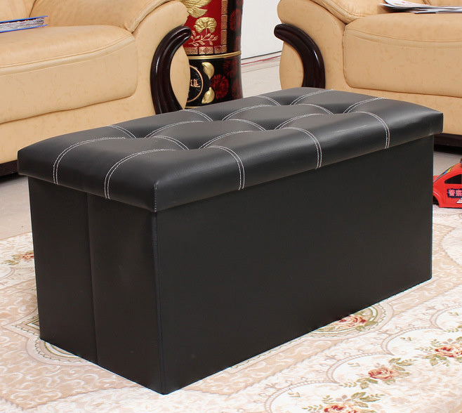 XL Rectangle Foldable Storage Ottoman PU Leather Black