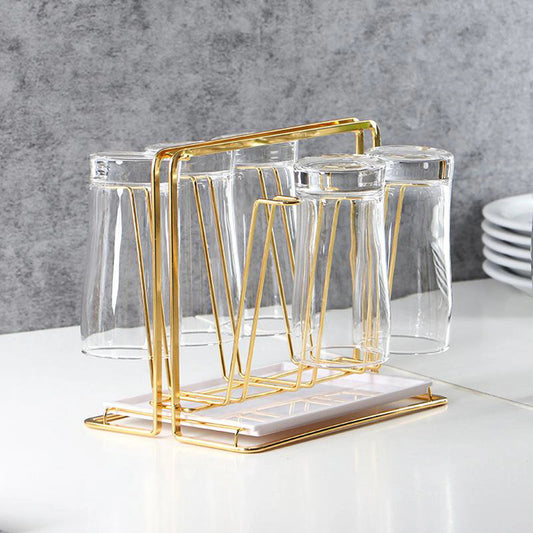 Gold Metal 6-Cup Glass Mug Drying Rack with Drain Tray for Kitchen Countertops