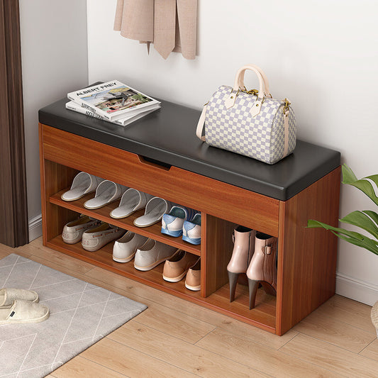 Stylish Wooden Cushioned Storage Ottoman and Shoe Cabinet Black PU Leather