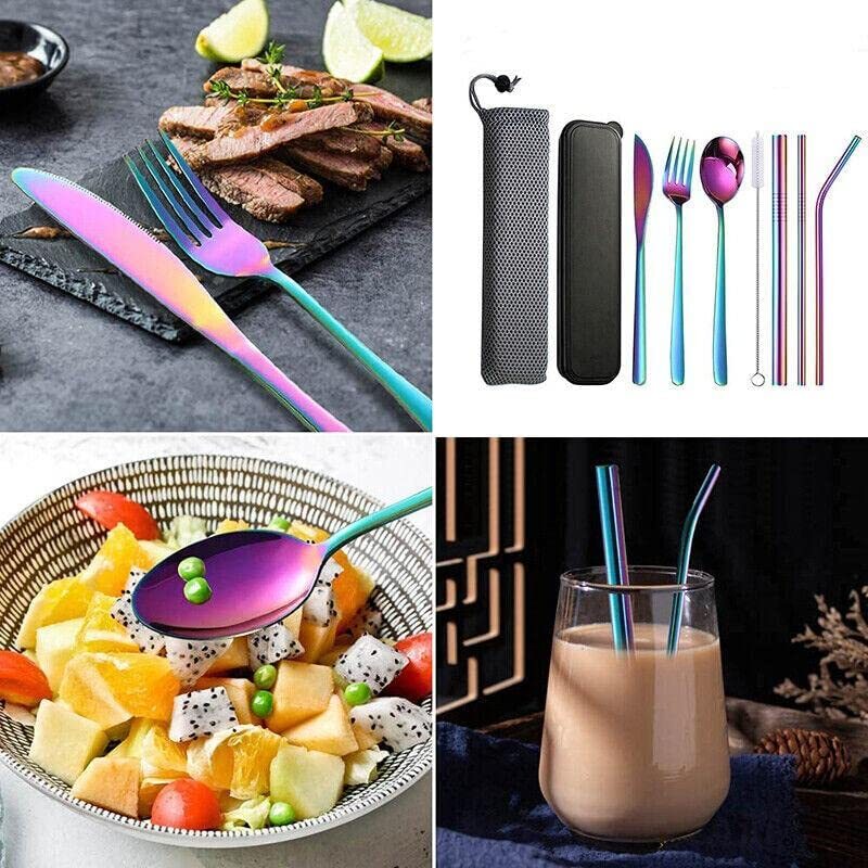 Premium 9PC Stainless Steel Travel Cutlery Set Knife Fork Spoon Straws Colourful