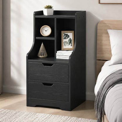 Elegant Tall 2-Drawer Bedside Table with Drawers and Shelves Black