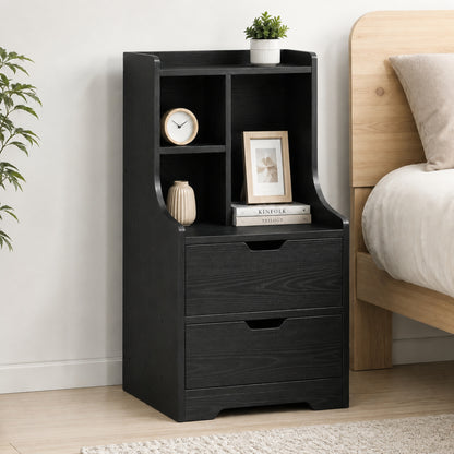 Elegant Tall 2-Drawer Bedside Table with Drawers and Shelves Black