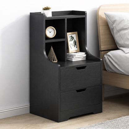 Elegant Tall 2-Drawer Bedside Table with Drawers and Shelves Black