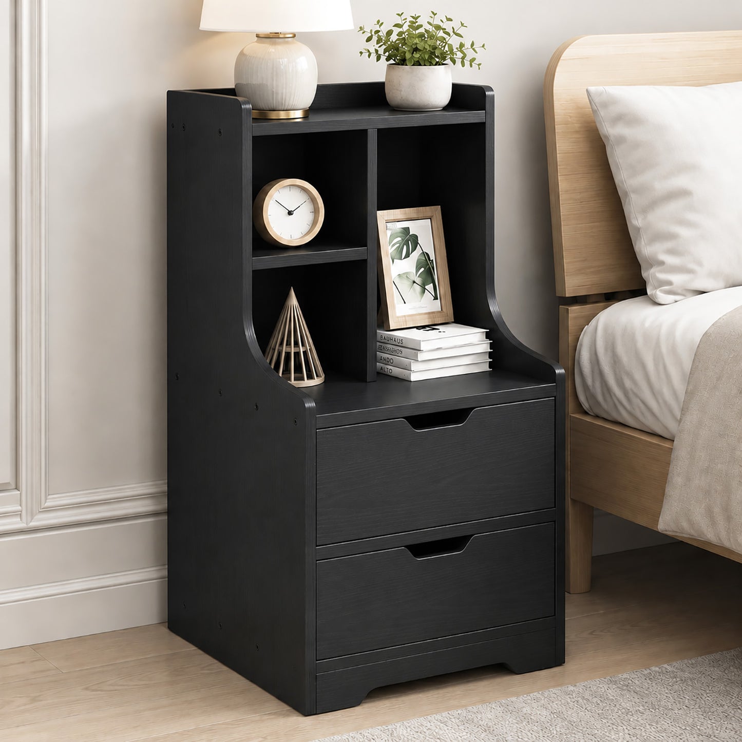 Elegant Tall 2-Drawer Bedside Table with Drawers and Shelves Black