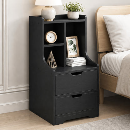 Elegant Tall 2-Drawer Bedside Table with Drawers and Shelves Black