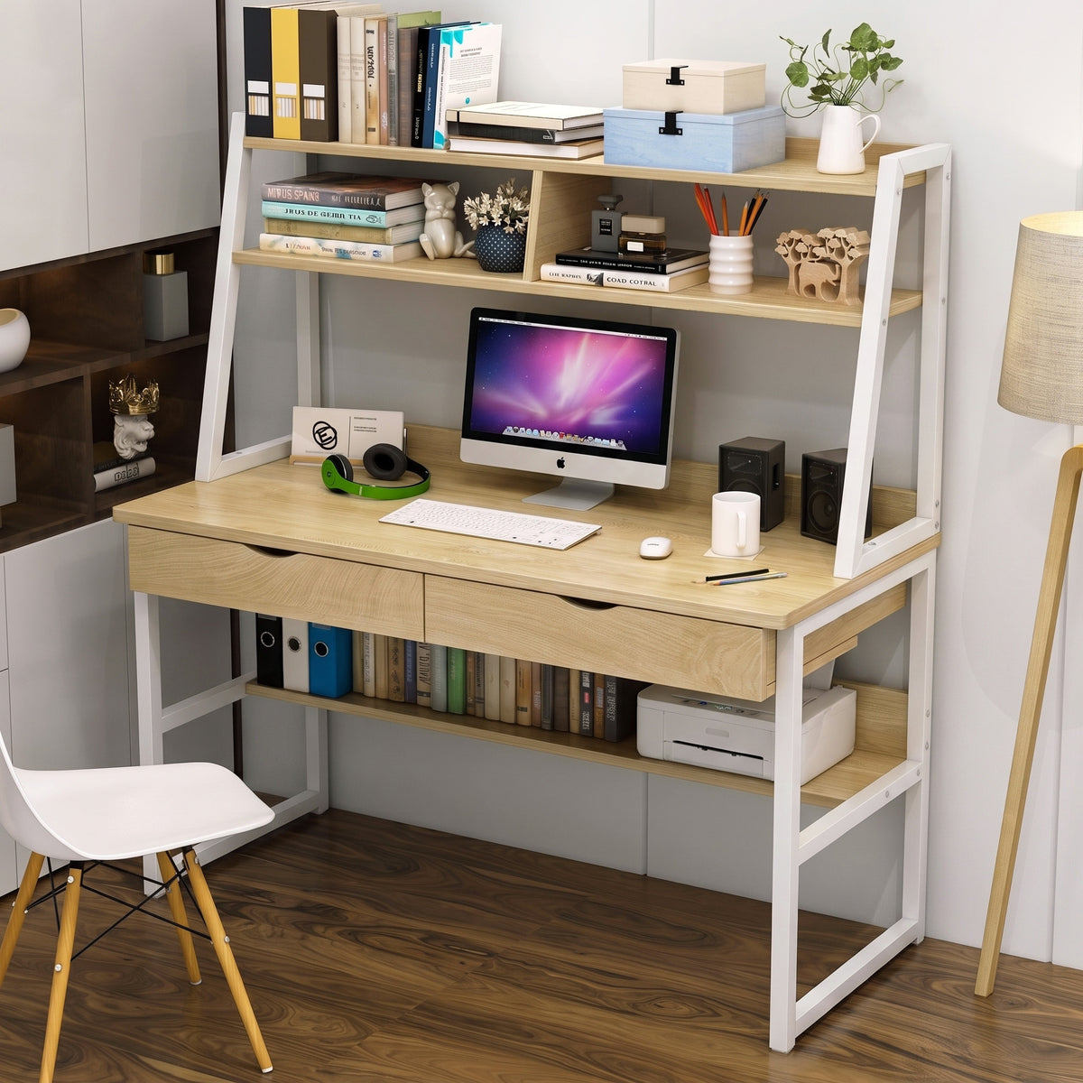 Spacious Office Computer Desk Workstation with Shelves and Drawers Oak & White