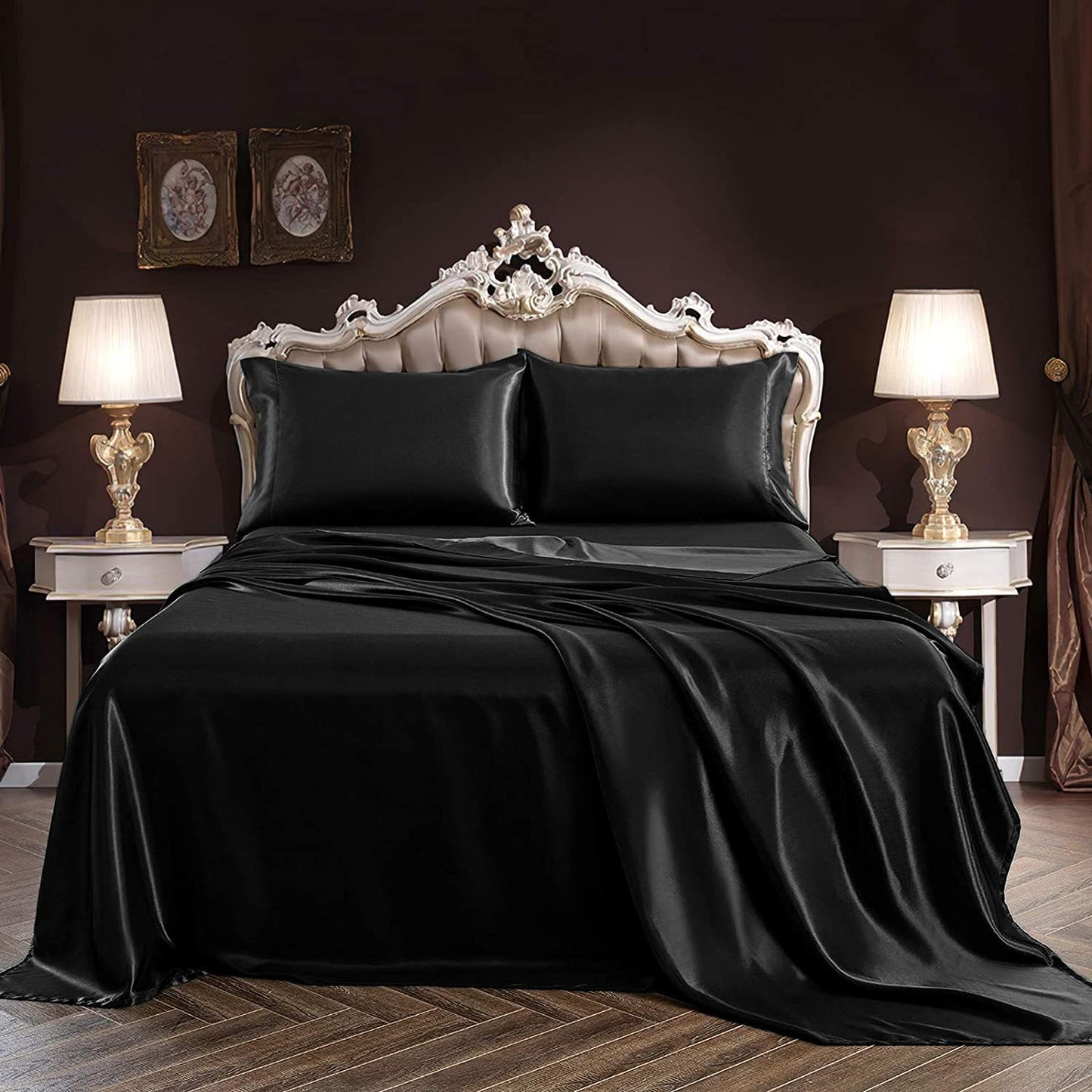 King Size Silky Satin Bed Sheet Set Luxurious Soft Bedding Black