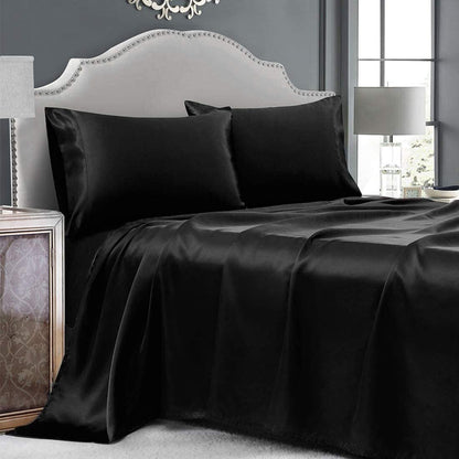 King Size Silky Satin Bed Sheet Set Luxurious Soft Bedding Black