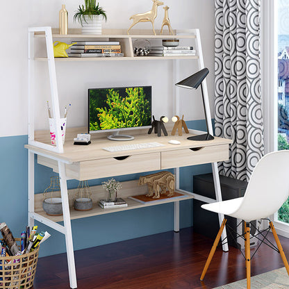 Modern Computer Desk with Shelves and Drawers White Oak