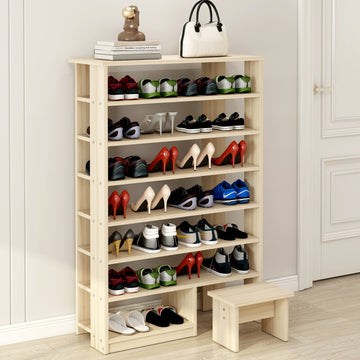 8 Tier Shoe Rack Storage Organizer with Comfortable Stool White Oak