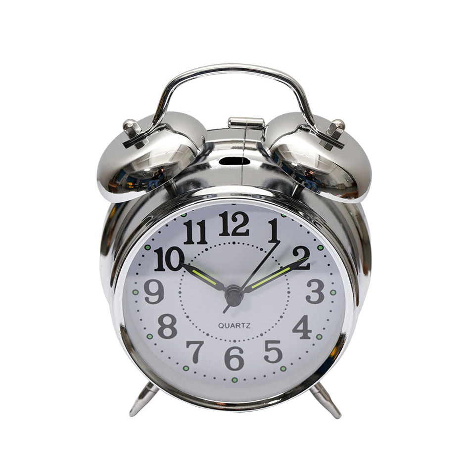 Classic Twin Bell Alarm Clock with Night Light Silver