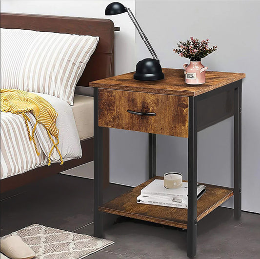 Rustic Wood and Steel Bedside Sofa Side Table with Drawer for Modern Homes