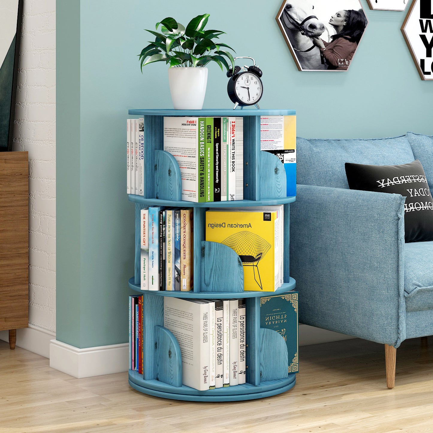 3 Tier Rotating Display Shelf Bookcase Organizer Blue