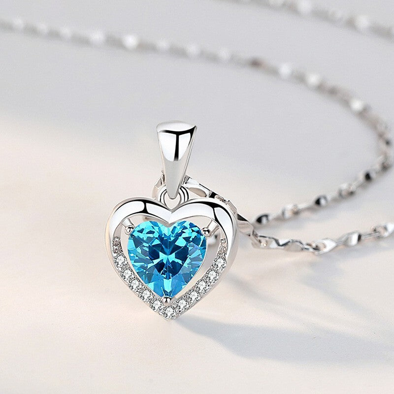 Elegant Sterling Silver Heart Pendant Necklace with Blue CZ Diamond