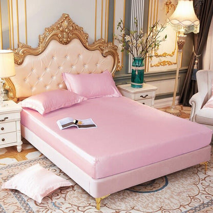 King Size Silky Satin Bed Sheet Set 4-Piece Soft and Smooth Pink