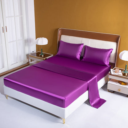 King Size Silky Satin Bed Sheet Set Luxurious Soft Bedding Purple