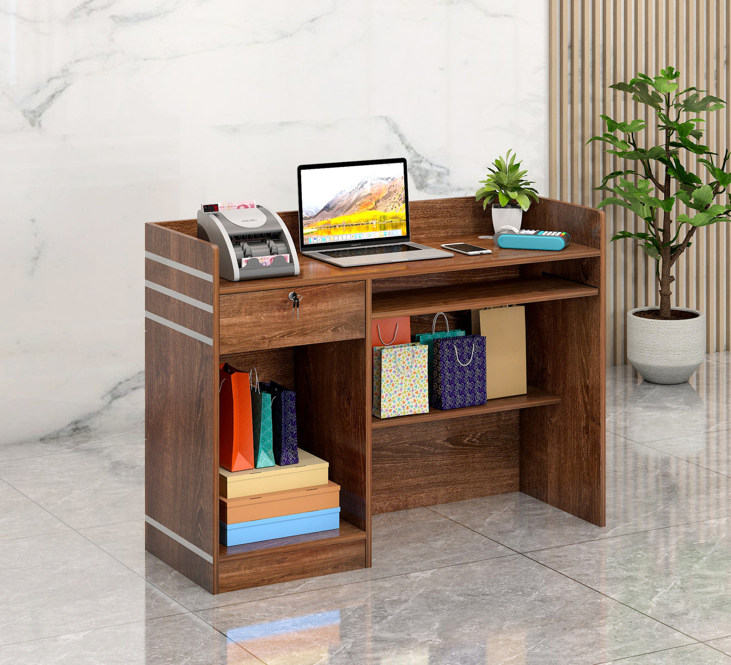 Reception Desk Counter with Shelves Walnut Office Furniture