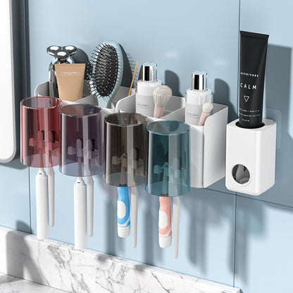 4-Cup Toothbrush Holder Rack with Automatic Toothpaste Dispenser Bathroom Set