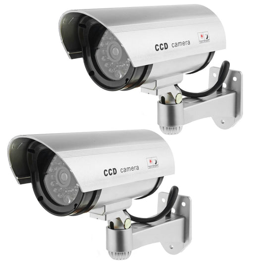 2 Pack Solar Powered Fake Security Cameras with Realistic IR LED Lights