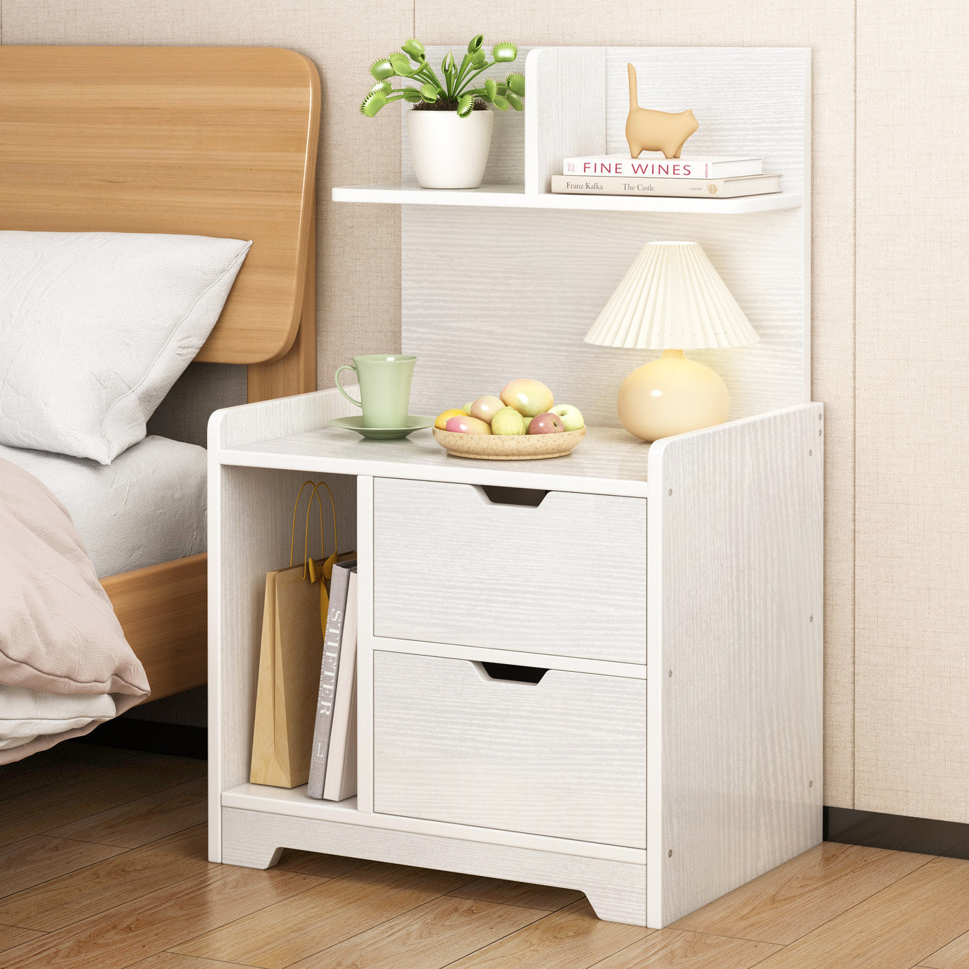 Elegant Tall Bedside Table with Drawers and Shelf White