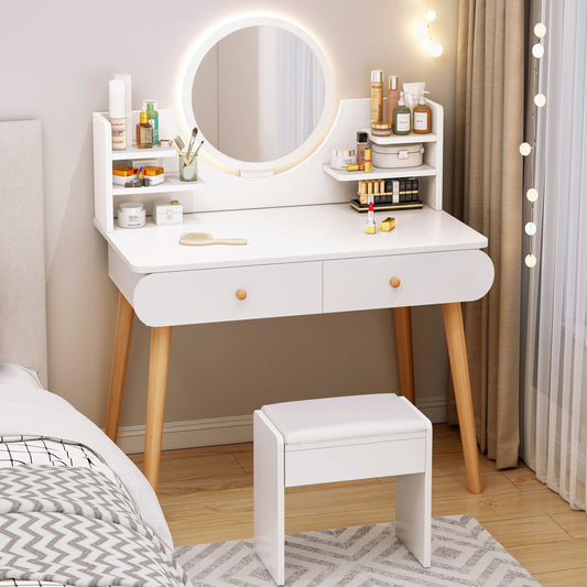 Elegant LED Vanity Table with Mirror Stool and Storage Drawers Set