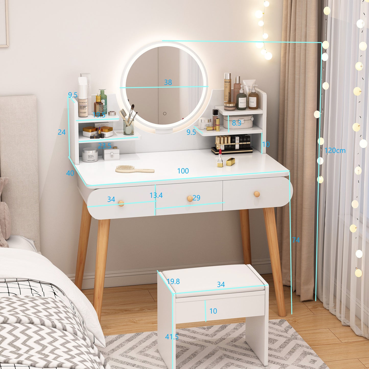 Beauty LED Vanity Dressing Table with Mirror Stool and Storage Drawers Set