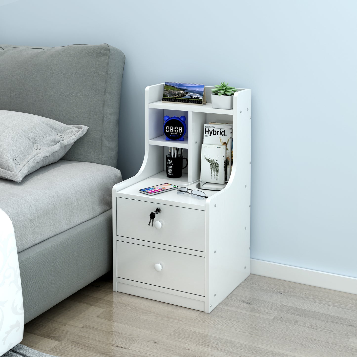 Tall 2-Drawer Bedside Table with Chest and Shelf White