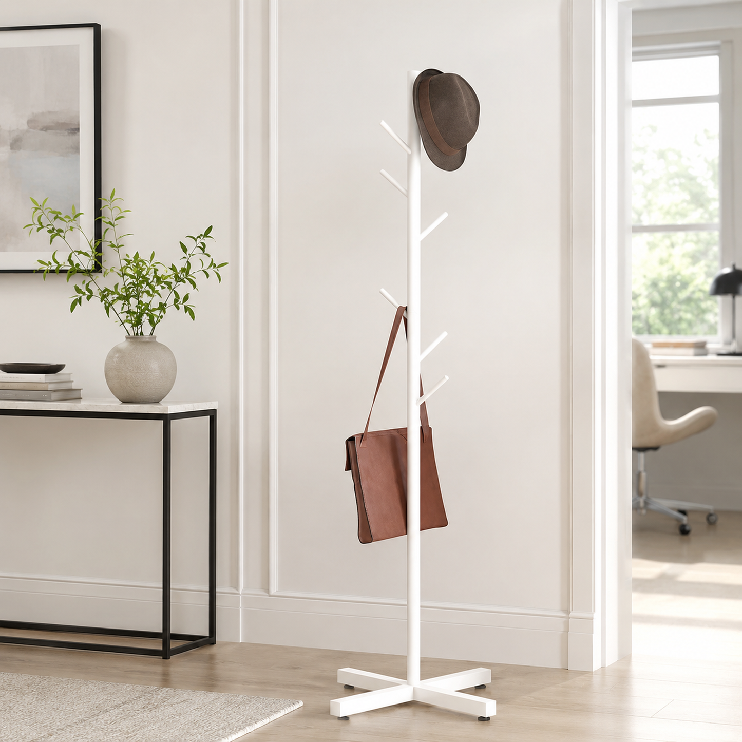 Freestanding Metal Coat Hat Rack Tree Organiser White
