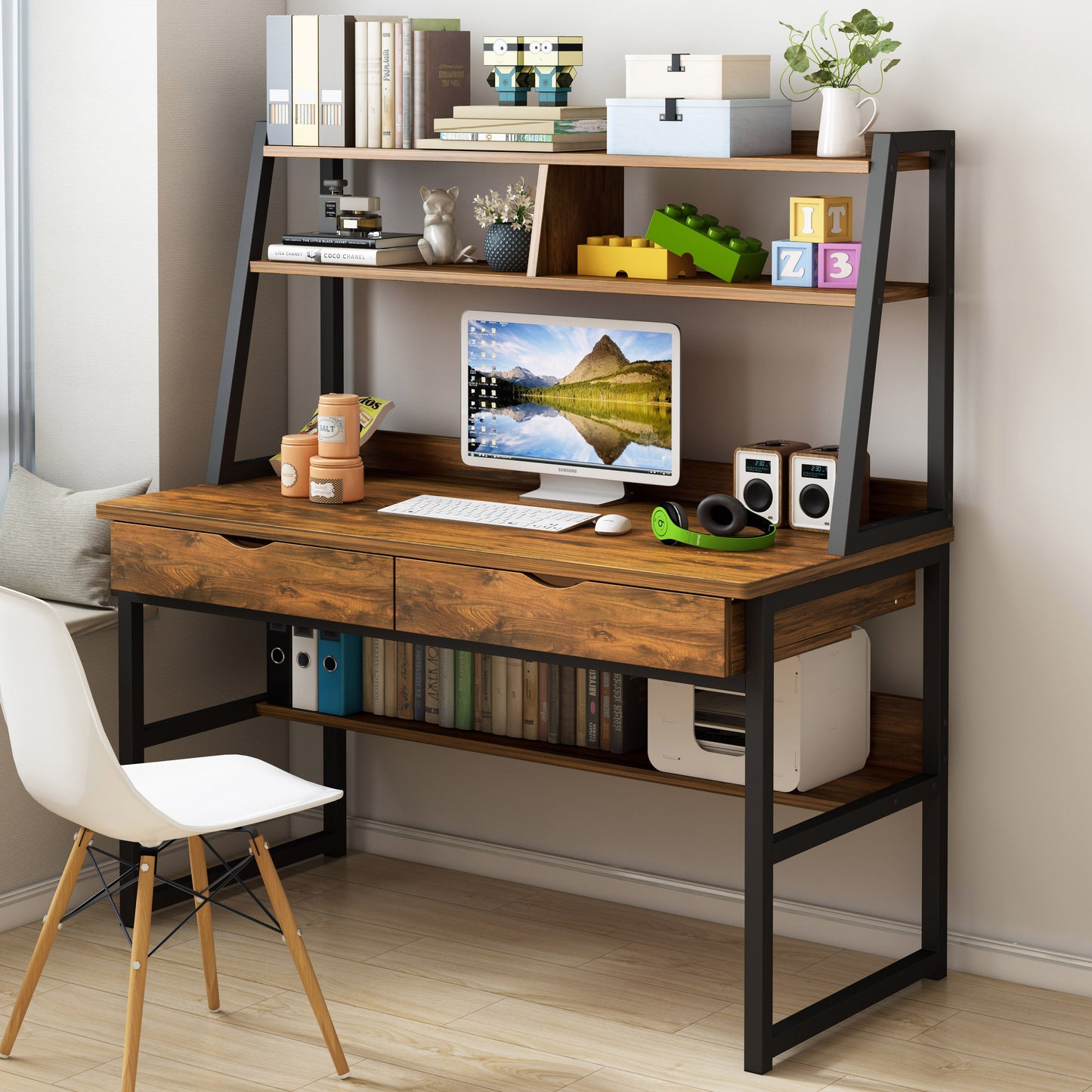 Spacious Office Computer Desk Workstation with Shelves and Drawers Rustic Wood