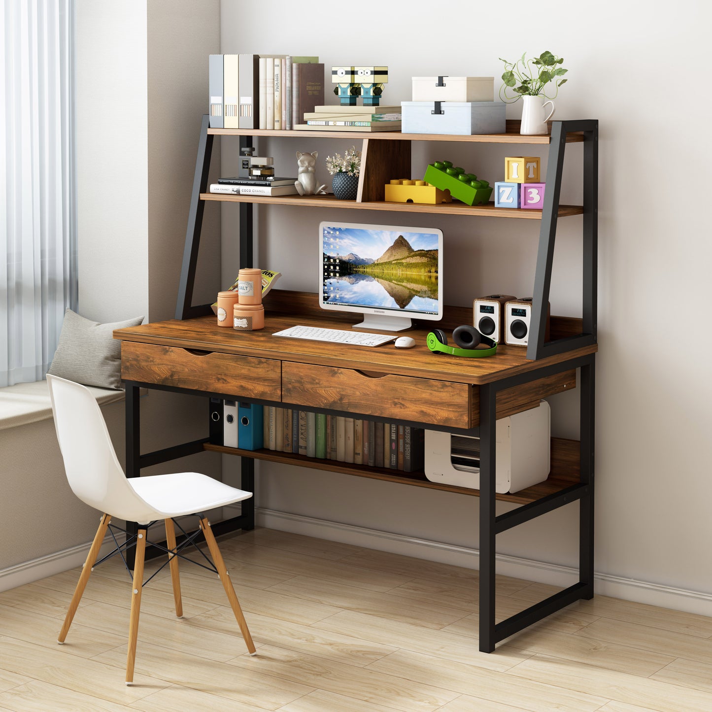 Spacious Office Computer Desk Workstation with Shelves and Drawers Rustic Wood