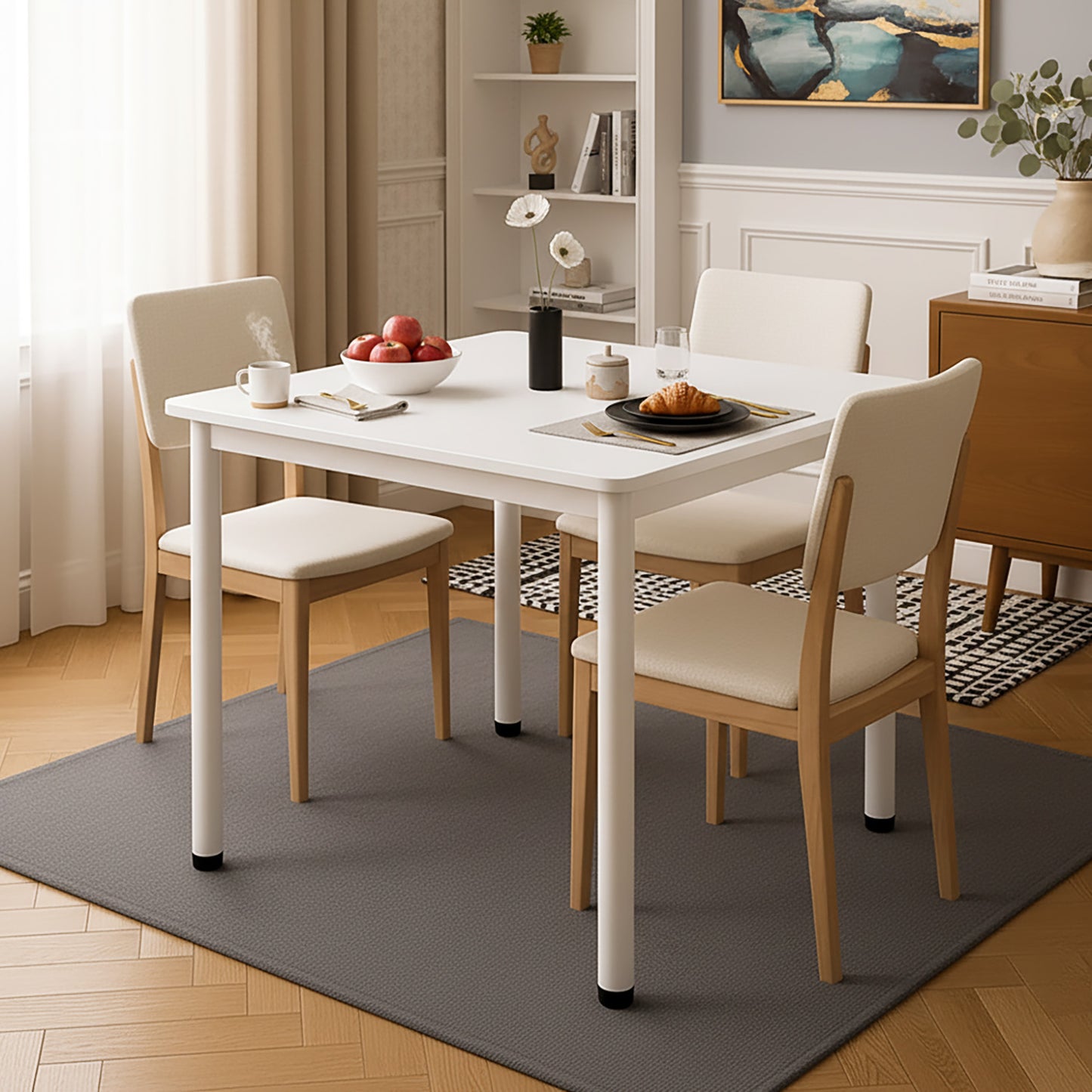 Modern White Kitchen Dining Table 80cm Square Wood Metal