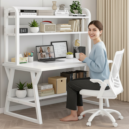 Large Industrial Office Desk Computer Table with Bookshelf White