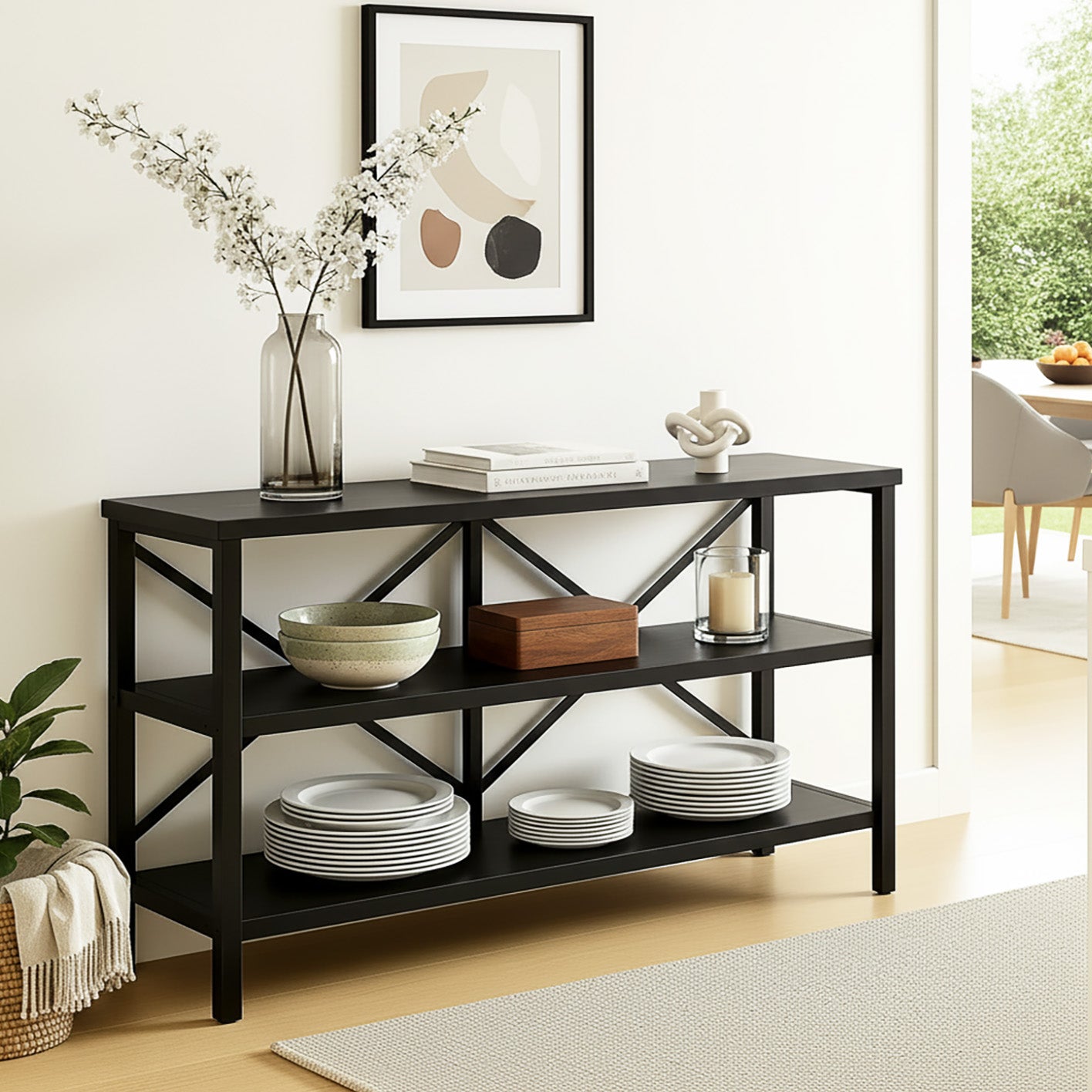 Industrial Console Table TV Stand Bookcase Storage Shelf Unit (Black)