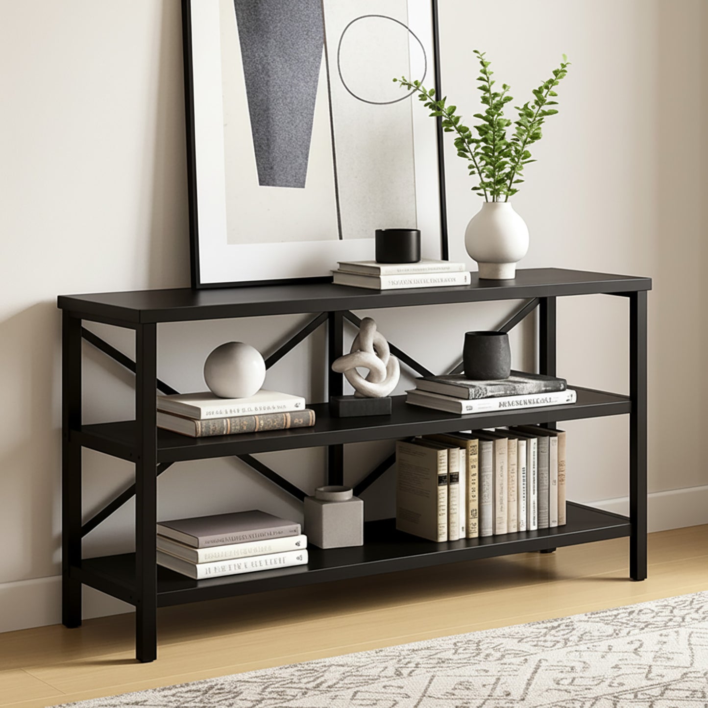 Industrial Console Table TV Stand Bookcase Storage Shelf Unit (Black)