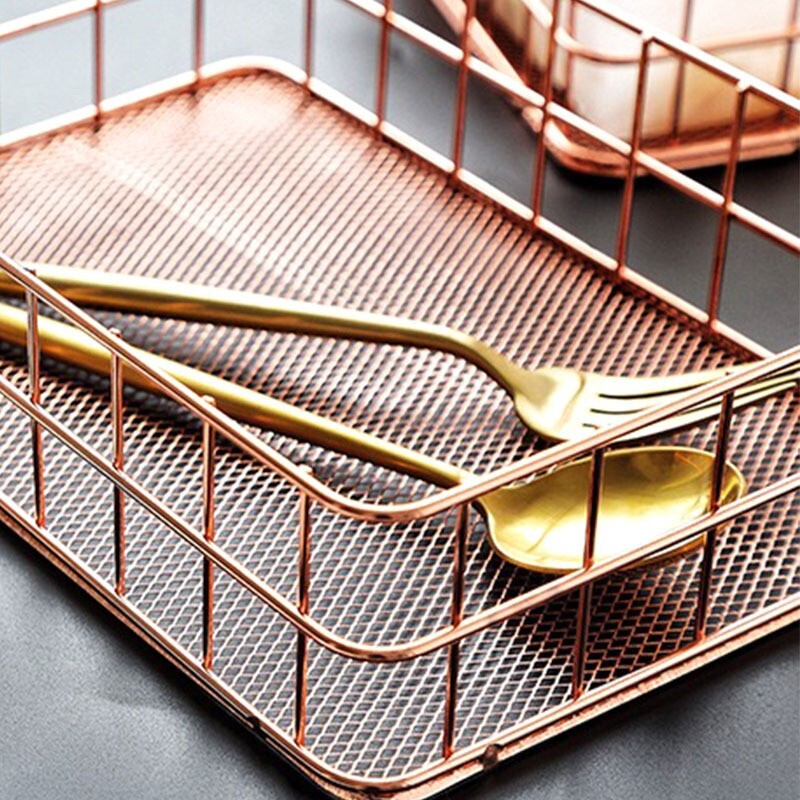 Elegant Rose Gold Metal Storage Basket Desktop Organizer