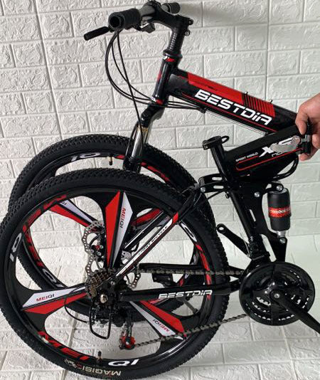 21 Speed Dual Suspension Foldable Mountain Bike Red Black