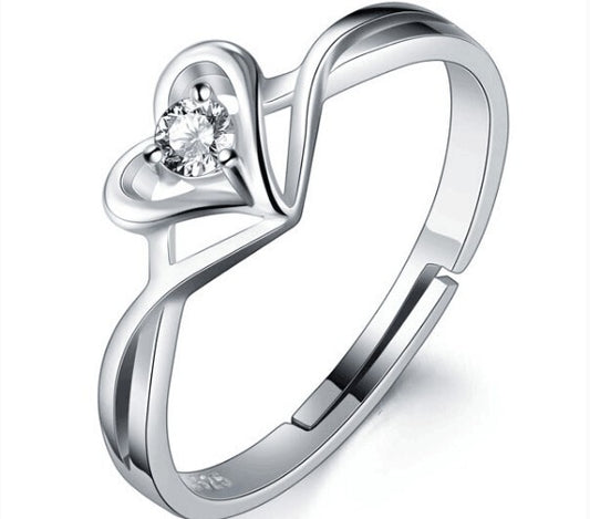 Sterling Silver Adjustable Love Heart Ring with Brilliant Crystal Embellishment